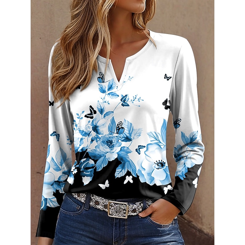 Women's T Shirt Floral Graphic Vintage Stylish Casual Long Sleeve Notched Neck Regular Tops Daily Weekend Print White Red Blue Purple Green Spring Fall Winter4