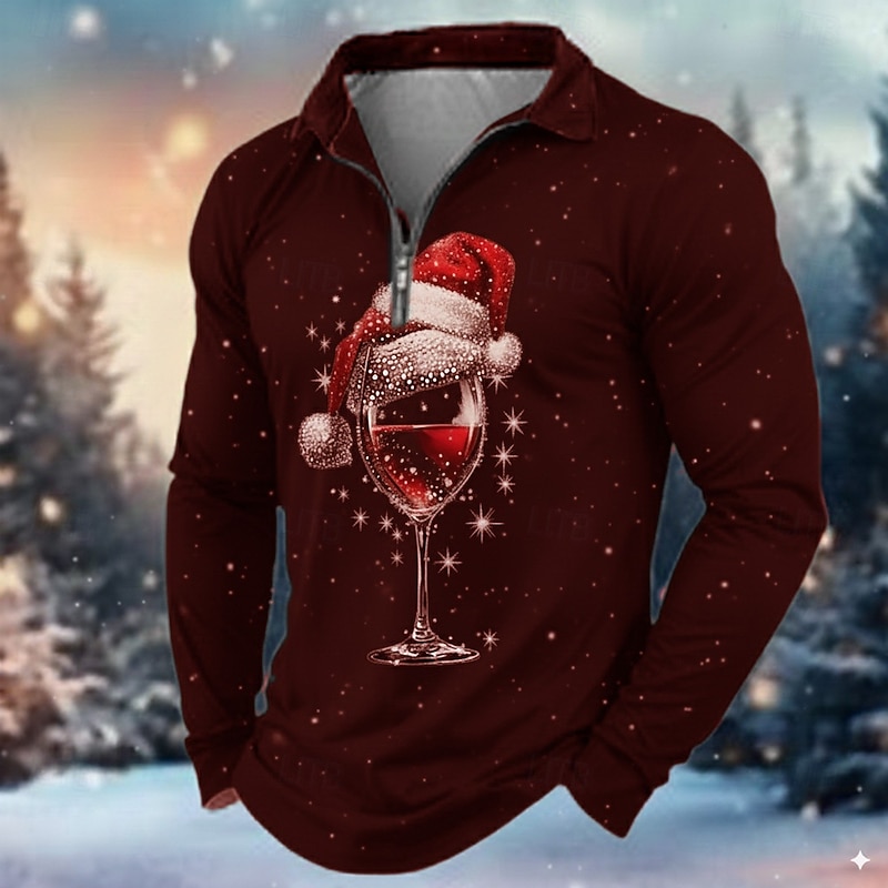 Christmas Men's Christmas Pattern Polo Long Sleeve Turndown Modern Leisure Holiday Casual Daily Zipper 3D Print Spring Fall Winter Black Green Wine2