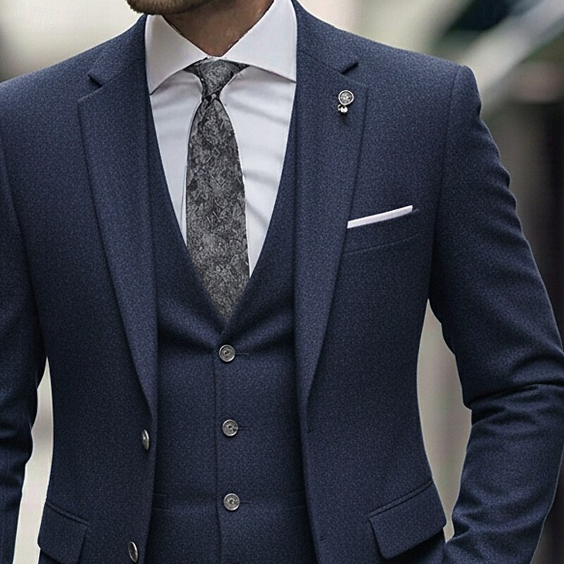 Men's Business Casual Tweed Suits Notch Lapel Black Light Grey Daily Formal Solid Colored Tailored Fit 3 Piece Single Breasted Two-buttons2