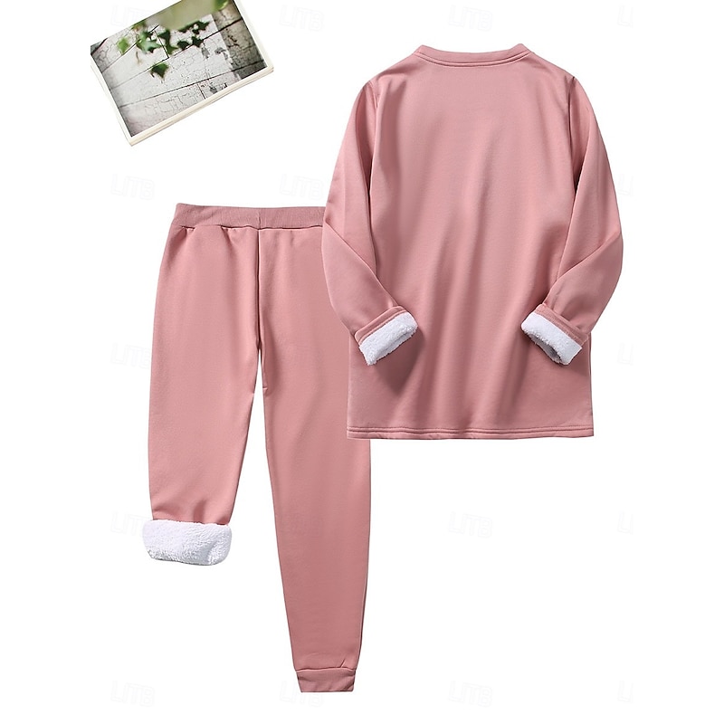 Women's Warm Daily Two Piece Sets Tracksuit Pants Sets Long Sleeve Crew Neck Ugly Christmas Drawstring Print Casual Daily Black Dark Pink Blue Fall Regular Fit2