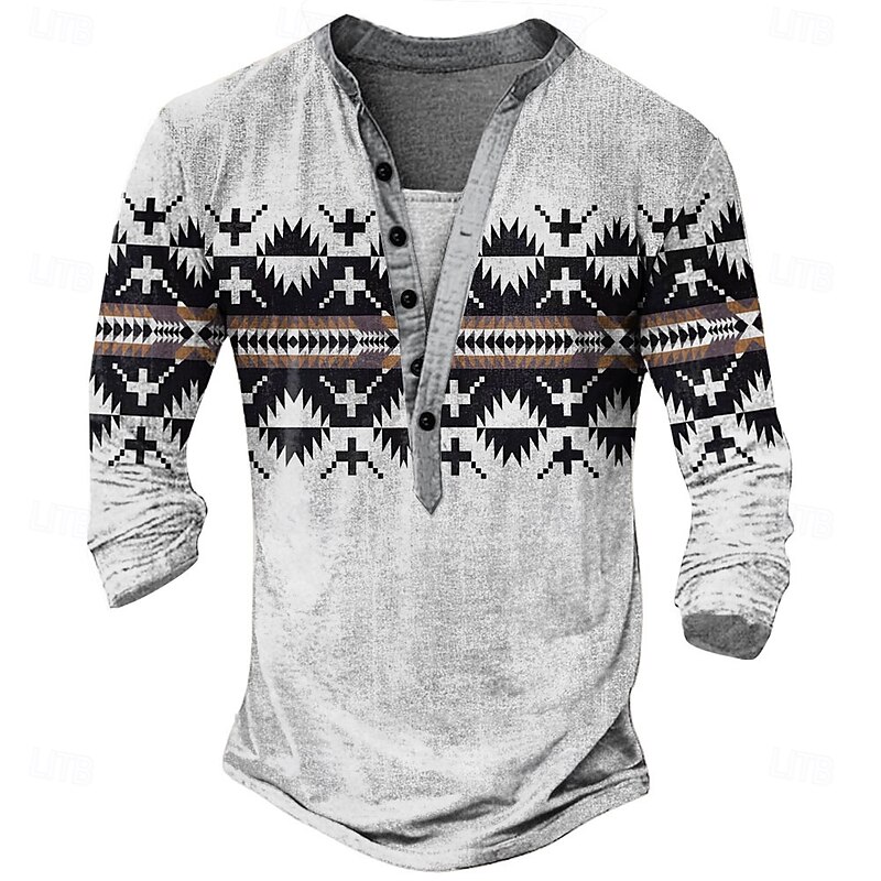 Men's Print Ethnic T Shirt Henley Shirt Long Sleeve Designer Retro Vintage Casual Street Casual Daily Summer Spring Fall Green Light Gray Blue Brown Henley Henley T-Shirt