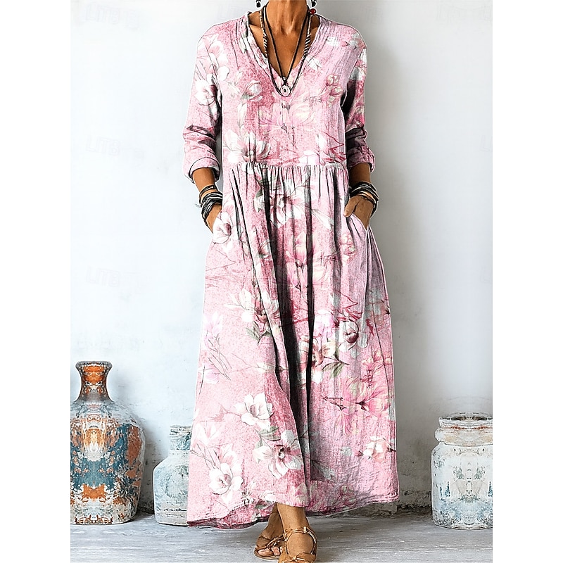 Women's Maxi Dress A Line Dress Vacation Casual Boho Going out Beach Loose Fit Floral Graphic Long Sleeve V Neck Light Yellow Light Pink Pink Purple Summer Spring Fall4