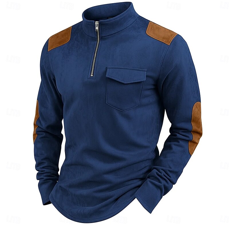 Men's Tee Top Long Sleeve Shirt Long Sleeve Pullover Half Zip Banded Collar Summer Fall Solid Color Daily Casual Street Style Color Block Outdoor Street Causal Red Navy Blue Army Green Top Tee for Men3