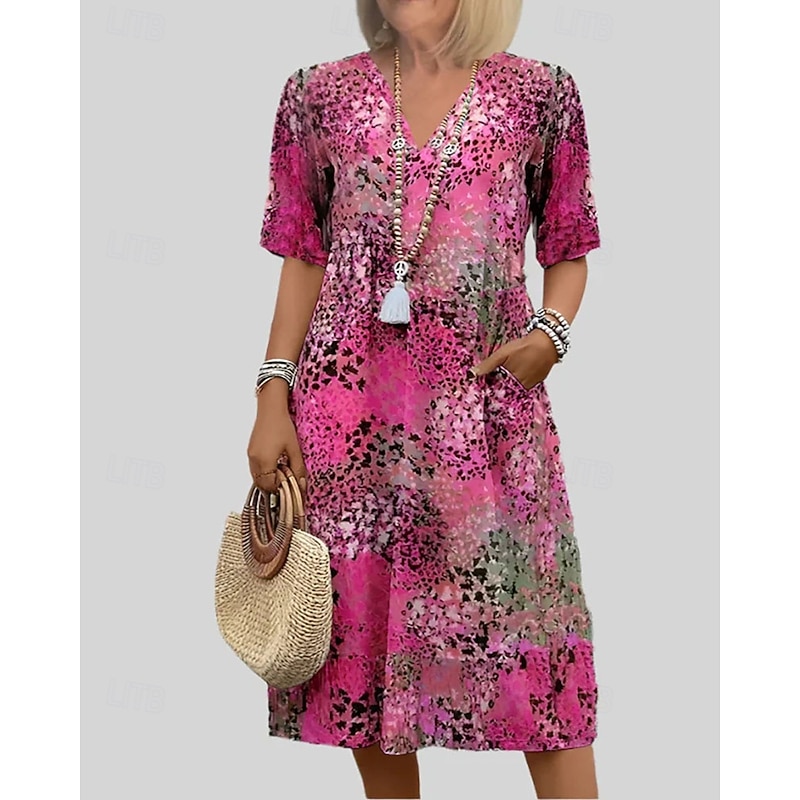 Women's Midi Dress Print Dress Fashion Modern Vacation Going out Regular Fit Graphic Short Sleeve V Neck Red Blue Purple Khaki Spring Fall