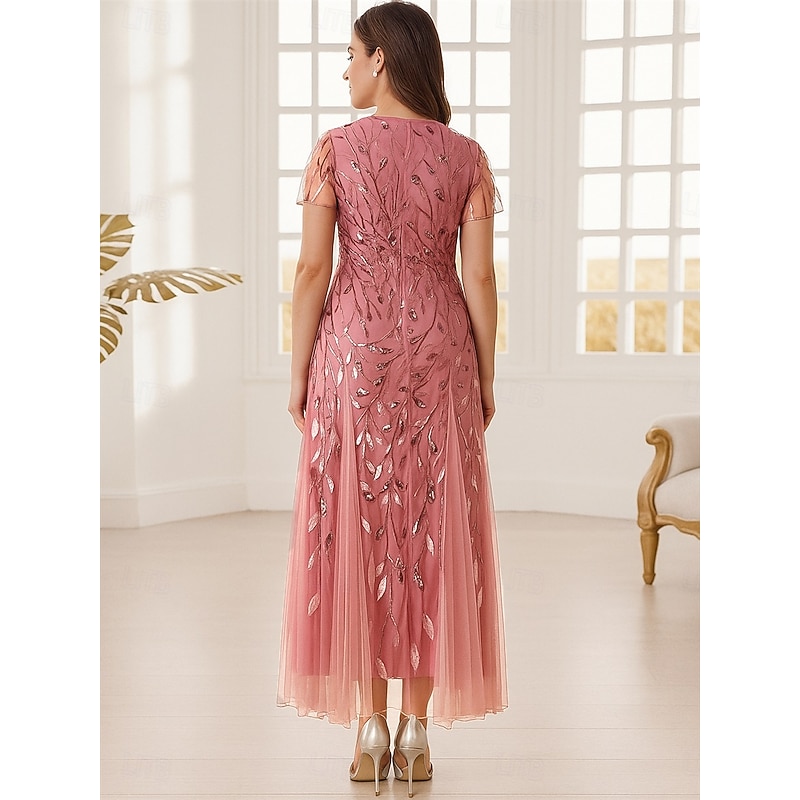 A-Line Mother of the Bride Dress Plus Size Sparkle & Shine Crew Neck Ankle Length Polyester Short Sleeve with Ruched Beading2