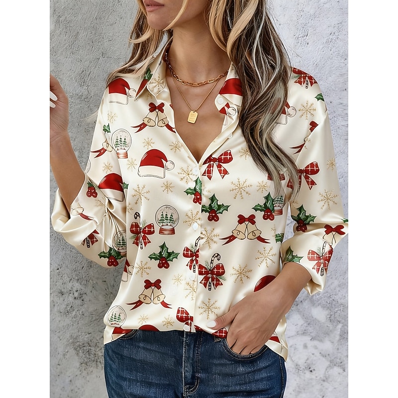 Christmas Women's Shirt Graphic Santa Claus Elegant Vintage Stylish Long Sleeve Shirt Collar Regular Tops Work Daily Holiday Black Green Beige Fall Winter3