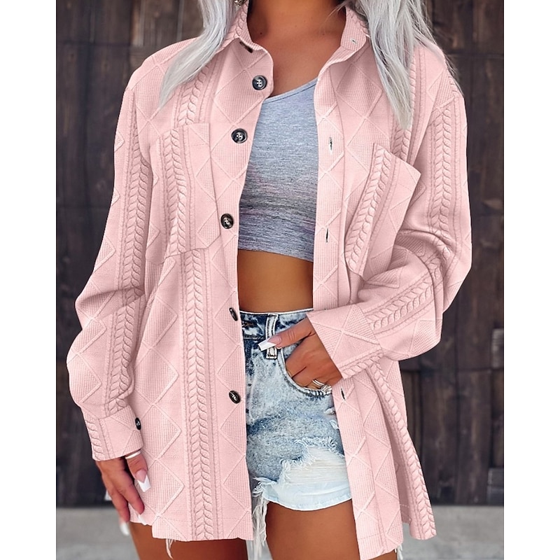 Women's Casual Jacket Comfortable Breathable Pocket Elegant Casual Geometric Vacation Street Casual Daily Wear Single Breasted Short Regular Turndown Regular Fit Long Sleeve Outerwear Black White Pink