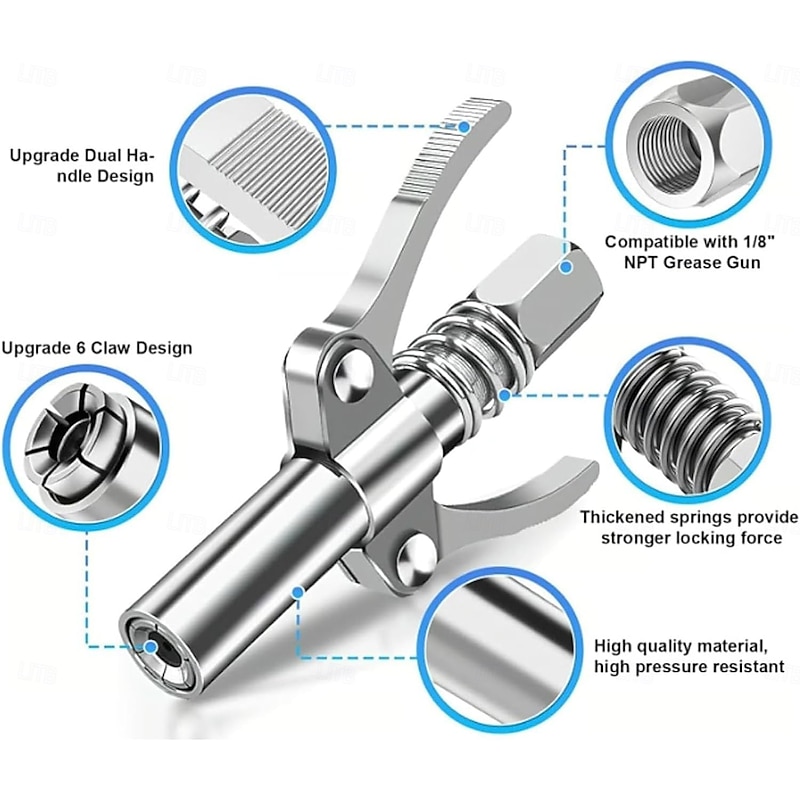 Self-Locking High-Pressure Grease Gun Kit with Dual Handle Coupler, Heavy-Duty Locking Grease Gun Adapter and 11.81inch Flexible Spring Hose, Compatible with All Grease Guns4