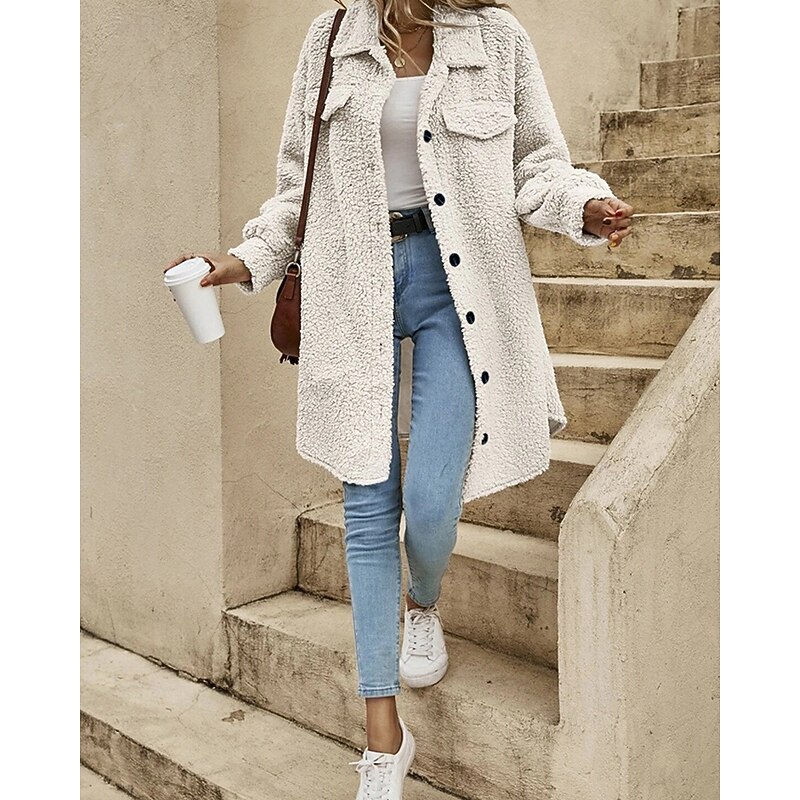Women's Fleece Jacket Casual Jacket Warm Comfortable Buttons Fashion Outdoor Plain Going out Weekend Single Breasted Regular Lapel Regular Fit Long Sleeve Outerwear White Khaki Apricot Fall Winter4