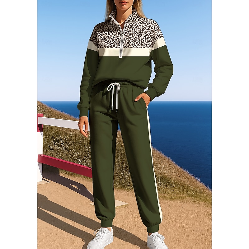 Women's Sweatshirt Tracksuit Sweatsuit Drawstring Zipper Leopard Jacket and Sweatpants Athletic Clothing Set Spring Dark Green Casual Workout Outdoor Soft Baggy Long Sleeve Sport Activewear3