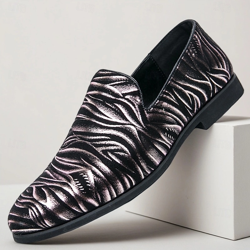 Men's Black and Silver Zebra Print Loafers – Bold Fashion Slip-On Party Shoes for Nightlife, Stage Performance and Clubwear