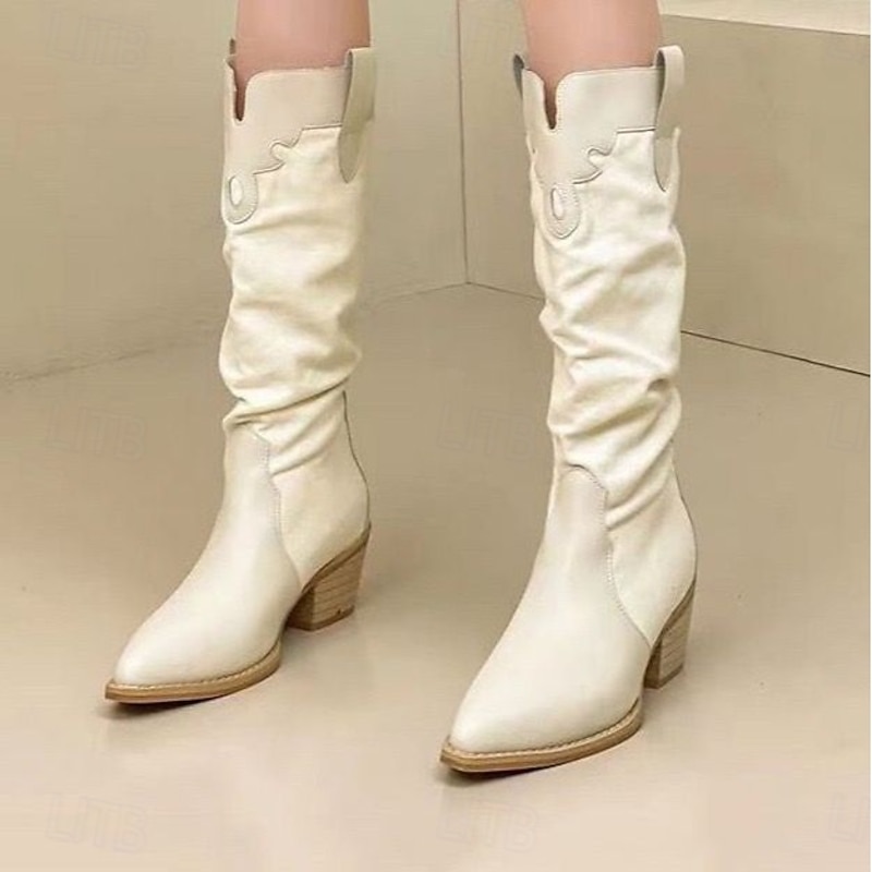 Women's Boots Combat Boots Office Daily Mid Calf Boots Block Heel Pointed Toe Casual Comfort Walking Denim Loafer Blue Beige