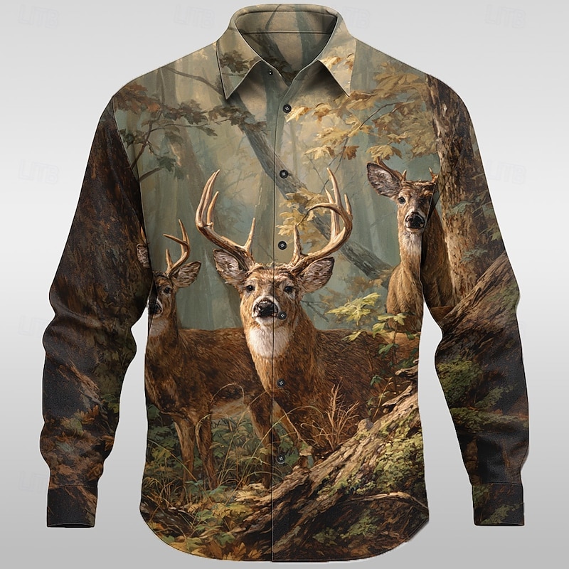 Men's Reindeer Nature & Landscapes Forest Shirt Button Up Shirt Long Sleeve Vintage Retro Outdoor Camping & Hiking Hunting Spring Fall Turndown 3D Print Collared Shirts Blue 1# Blue