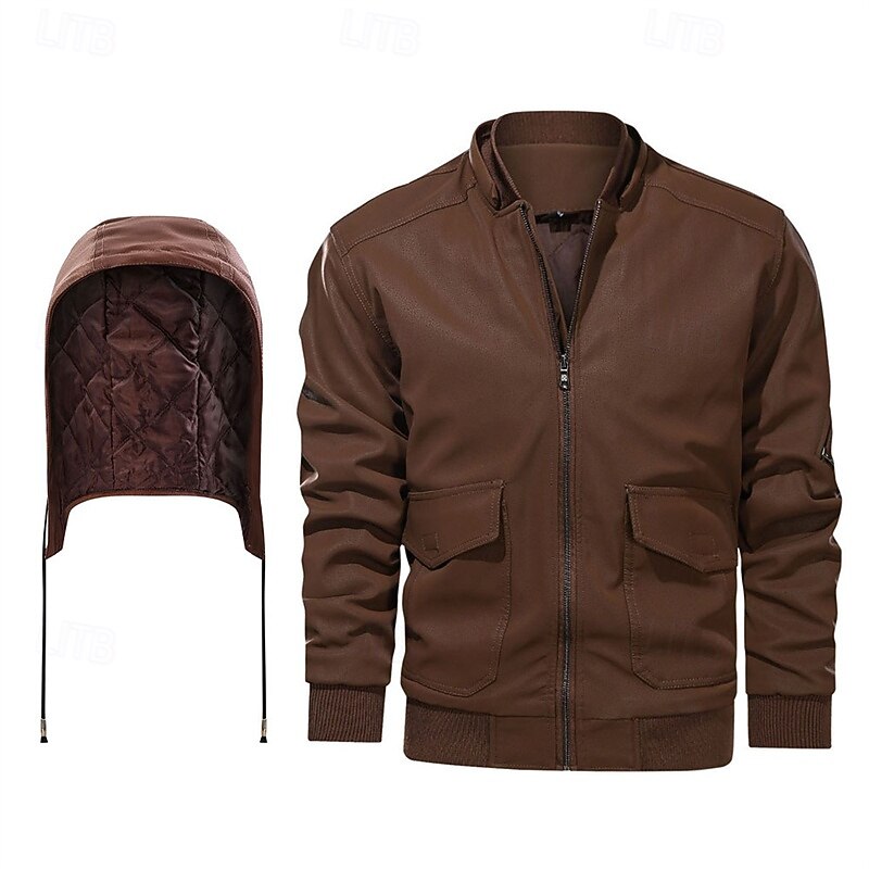 Men's Faux Leather Jacket Quilted Jacket Hoodie Jacket Vacation Daily Windproof Warm Pocket Detachable Hood Fall Winter Plain Fashion Classic Hooded Regular Black Brown Jacket