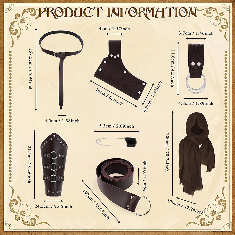 Retro Vintage Medieval Renaissance Armor Scarf Accesories Set Warrior Viking Ranger Fancy Dress Men's Unisex Viking Halloween Carnival Performance LARP Ren Faire Adults Belt More Accessories All3
