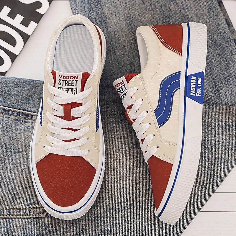 Men's Red and Beige Lace-Up Sneakers – Retro Low Top Casual Sport Shoes with Blue Stripe Design for Youth Fashion, Campus, Travel and Outdoor Activities2