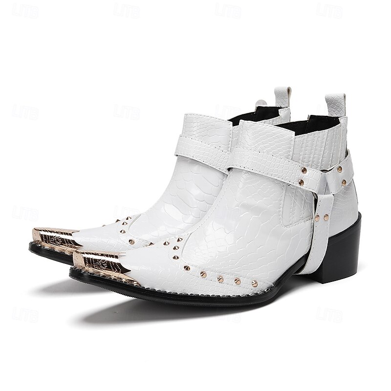 White Genuine Leather Men's Western Motorcycle Boots with Metal Toe Cap, Studded Strap, Punk Gothic Style – Ideal for Harley Riders, Rock Concerts, Stage Performance and Nightlife Fashion4