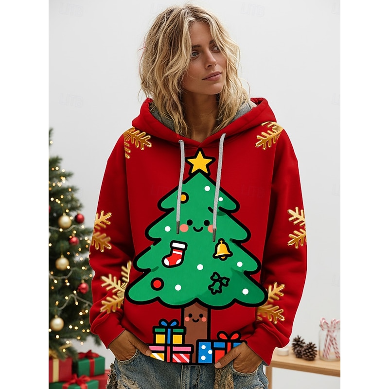 Women's Pullover Hoodies Christmas Tree Fashion Streetwear Casual Long Sleeve Hooded Regular Tops Dailywear Casual Drawstring Print Black Red Blue Green Spring Fall Winter