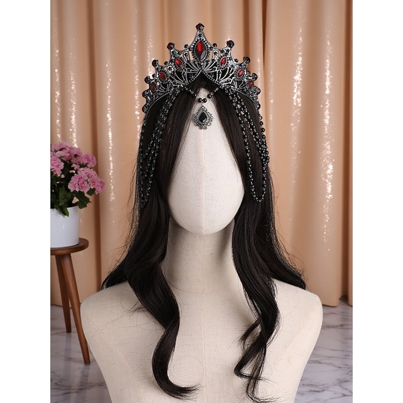 Women's Gothic Crown Headpiece with Black Beads and Red Gems - Vintage Tiara for Halloween Party Costume and Cosplay3