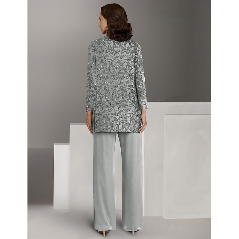 Formal Pantsuit Beach Wedding 3 Piece Mother of the Bride  Elegant Jewel Neck Chiffon Long Sleeve Wrap Included Lace Embroidery Solid Color2