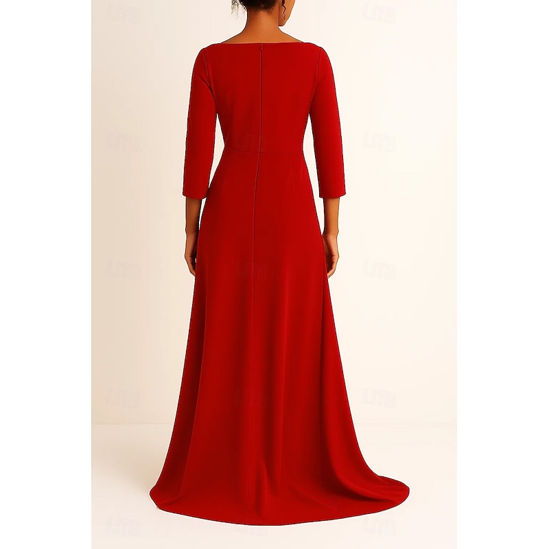 Tuxedo Dress A-Line Formal Wedding Guest Satin Crepe Elegant 3/4 Sleeve Pleated Floor Length V Neck2