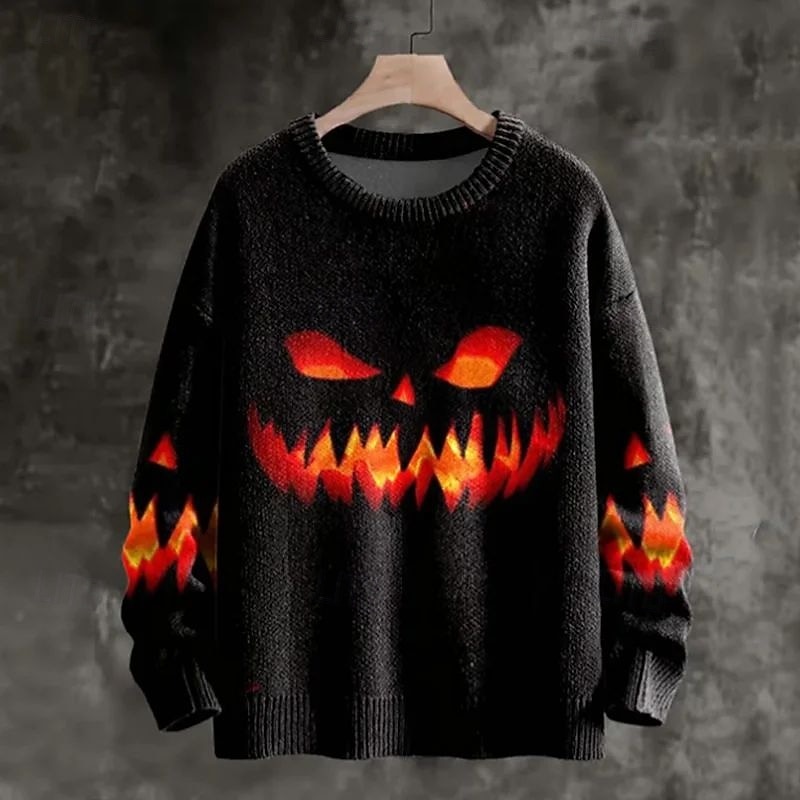 Men's Pullover Sweater Jumper Knit Sweater Ribbed Knit Regular Tops Knitted Print Pumpkin Crew Neck Halloween Vacation Daily Wear Clothing Apparel Drop Shoulder Fall Winter Black S M L