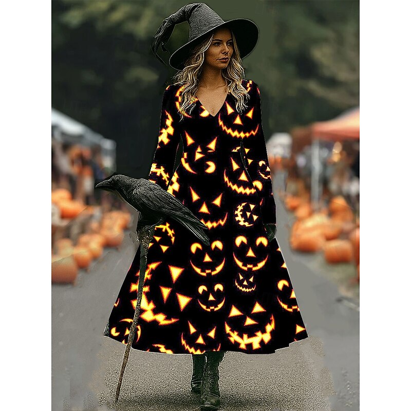 Halloween Women's Witch Print Midi Dress Casual Dress A Line Dress Vacation Casual Wedding Party Birthday Regular Fit Graphic Long Sleeve V Neck Black Purple Orange Green Spring Fall
