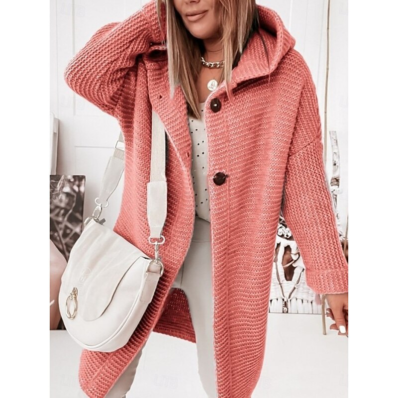 Women's Sweater Casual Soft Pure Color Ribbed Hooded Buttons Knitted Long Sleeve Regular Tops Knit Outdoor Daily Weekend Pink Red Fall Winter3