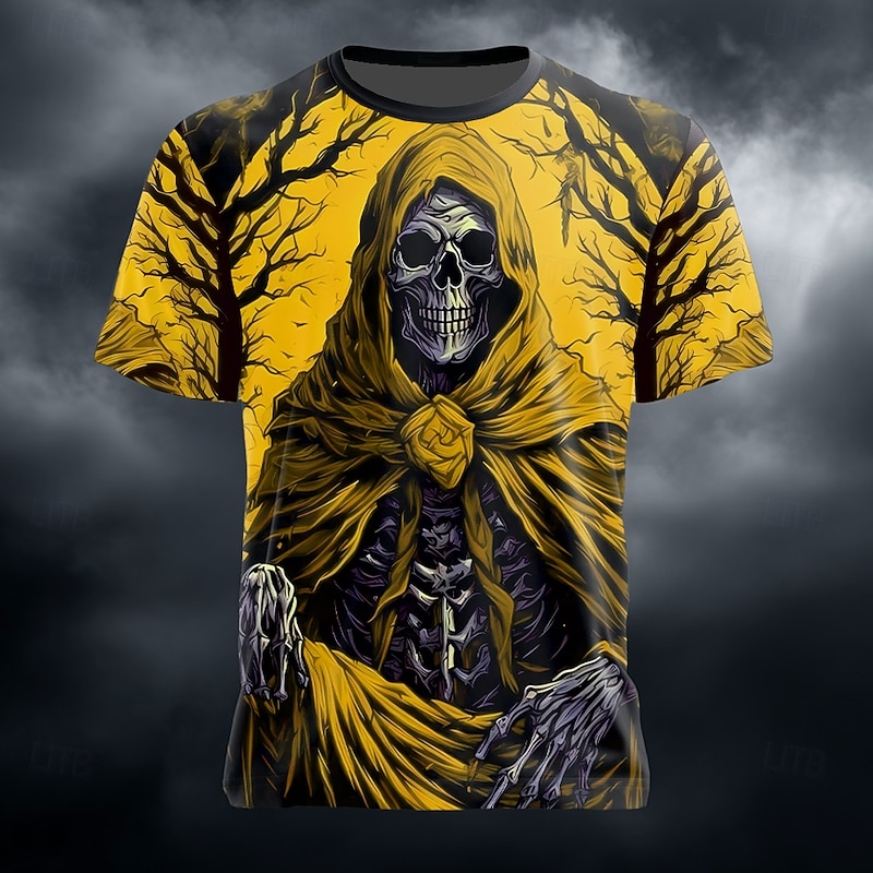 Halloween Men's Optical Illusion Grim Reaper 3D T Shirt Short Sleeve T shirt 3D Print Crew Neck Shirt Exaggerated Designer Horror Party Street Holiday Yellow Red Blue Summer Spring All Seasons3