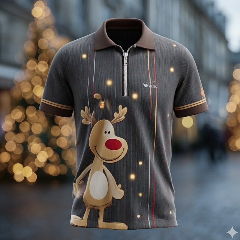 Christmas Men's Cartoon Reindeer Zip Polo Short Sleeve Turndown Casual Vacation Daily Festival 3D Print Summer Brown 1 Black Brown 2