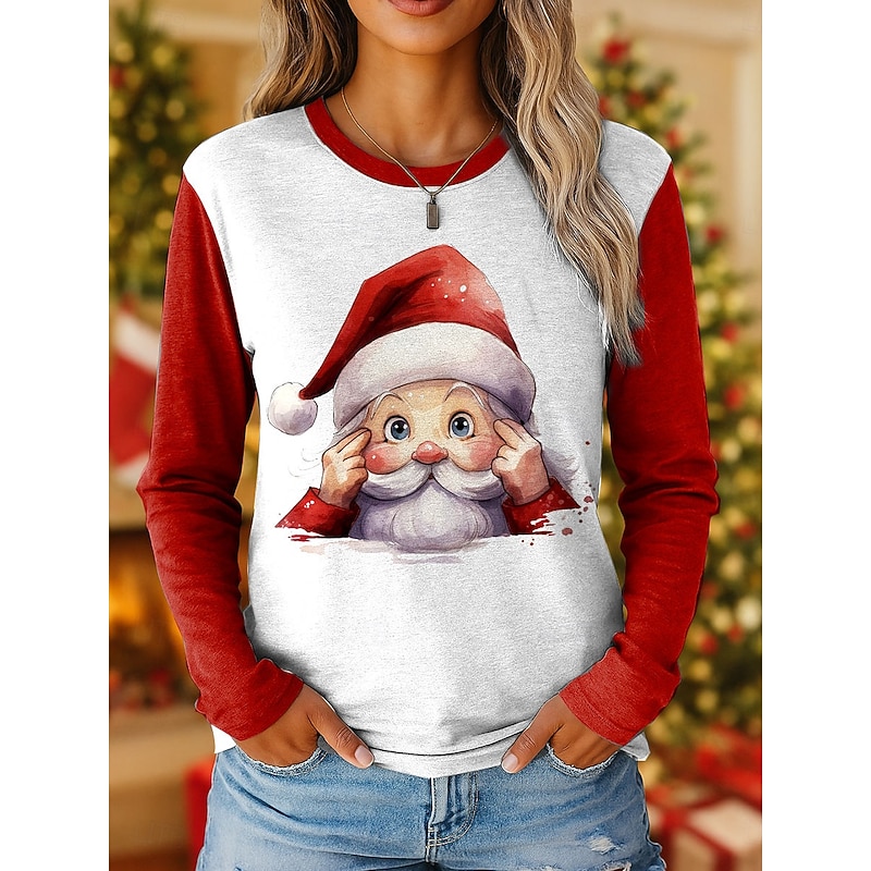 Christmas Women's T Shirt Graphic Santa Claus Vintage Fashion Stylish Long Sleeve Crew Neck Regular Tops Daily Weekend Print Red Blue Purple Green Spring Fall Winter