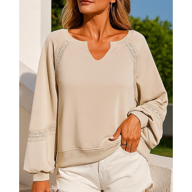 Women's Pullover Sweatshirt Lounge Top Lace Long Sleeve Top Athleisure Fall V Neck Solid Colored Fashion Outdoor Travel Sports Sportswear Activewear Black Blue Green