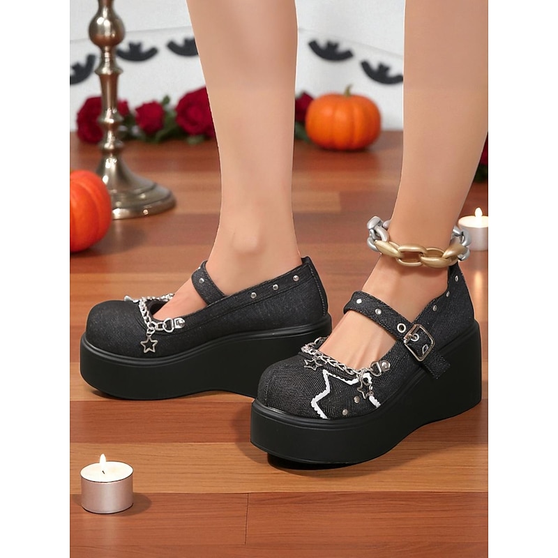 Women's Gothic Platform Mary Jane Shoes – Black Denim Platform Heels with Star Chains and Studded Straps for Halloween Parties and Streetwear Looks2