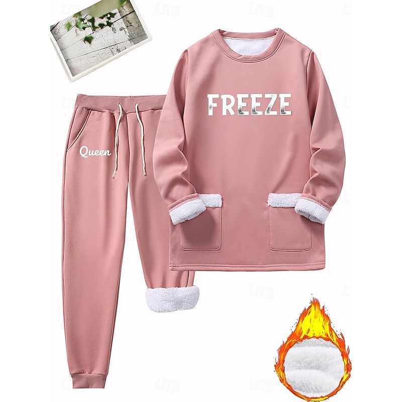 Women's Warm Daily Two Piece Sets Tracksuit Pants Sets Long Sleeve Crew Neck Letter Drawstring Print Casual Daily Black Dark Pink Blue Fall Regular Fit