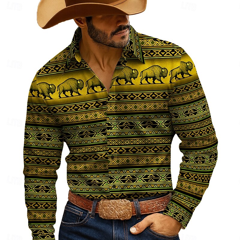 Men's Buffalo Plaid Cowboy Indian Culture Shirt Western Shirt Button Up Shirt Long Sleeve Vintage Retro Outdoor Casual WorkWear Spring Fall Turndown 3D Print Collared Shirts Blue Brown Green2