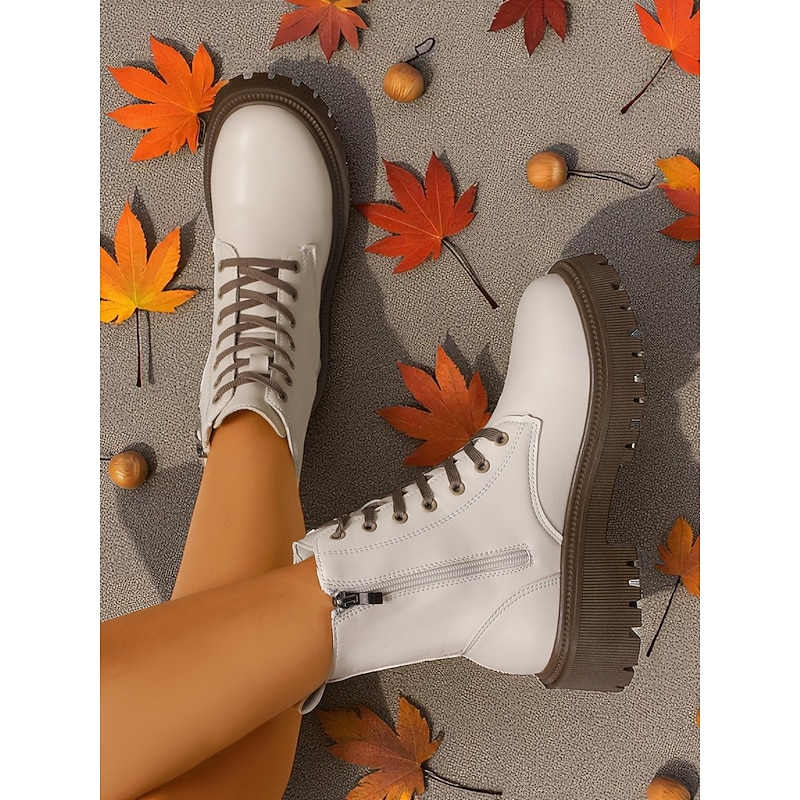 Korean Idol Inspired Pop Star Costume Shoes, Women's White Faux Leather Lace-Up Ankle Boots with Side Zipper and Chunky Sole – Stylish Combat Boots for Kpop, Streetwear and Casual Outfits4