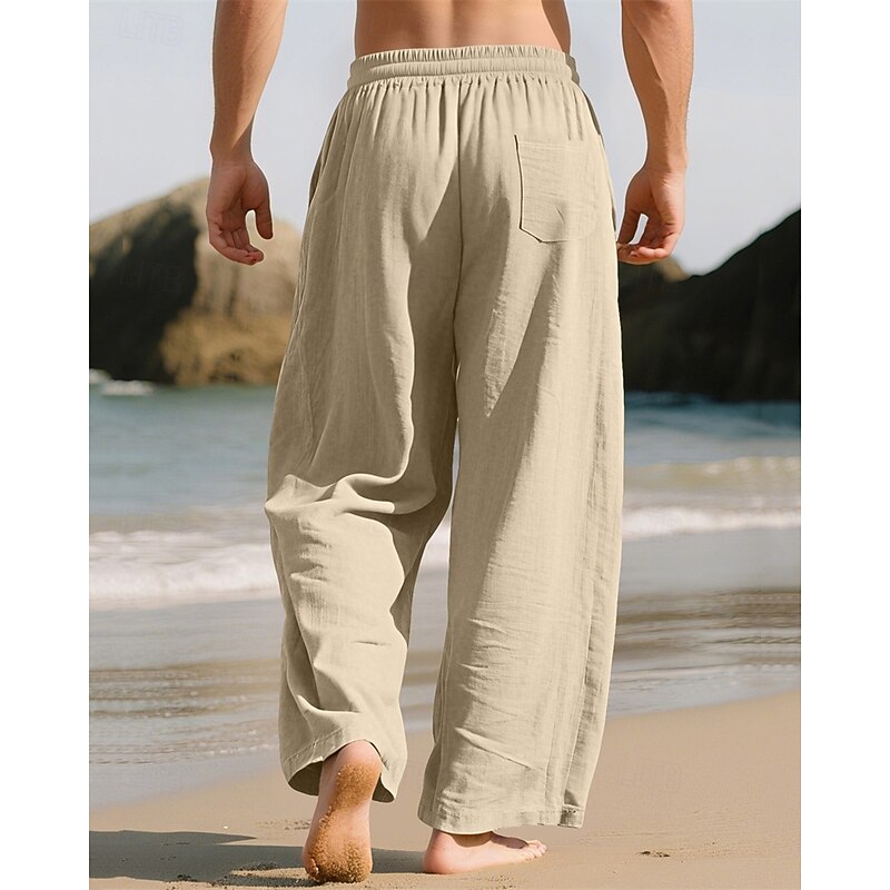 Men's Linen Pants Trousers Summer Pants Beach Pants Drawstring Pocket Elastic Waist Plain Comfort Breathable Vacation Daily Holiday Hawaiian Boho ArmyGreen Black4