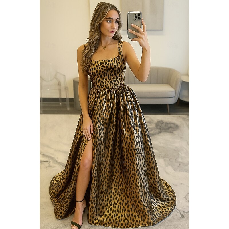 leopard print A-Line Evening Gown Elegant Formal Dress Formal Floor Length Sleeveless Square Neck Satin with Floral Print Pocket 2025