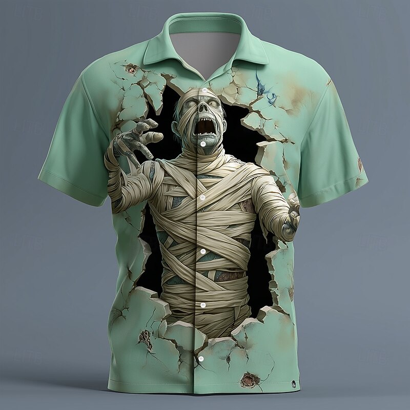 Halloween Men's Zombies Mummy Cracked Wall Shirt Button Up Shirt Short Sleeve Dark Gothic Style Holiday Streetwear Summer Spring Turndown 3D Print Collared Shirts Light Green Pink Purple Green Khaki2
