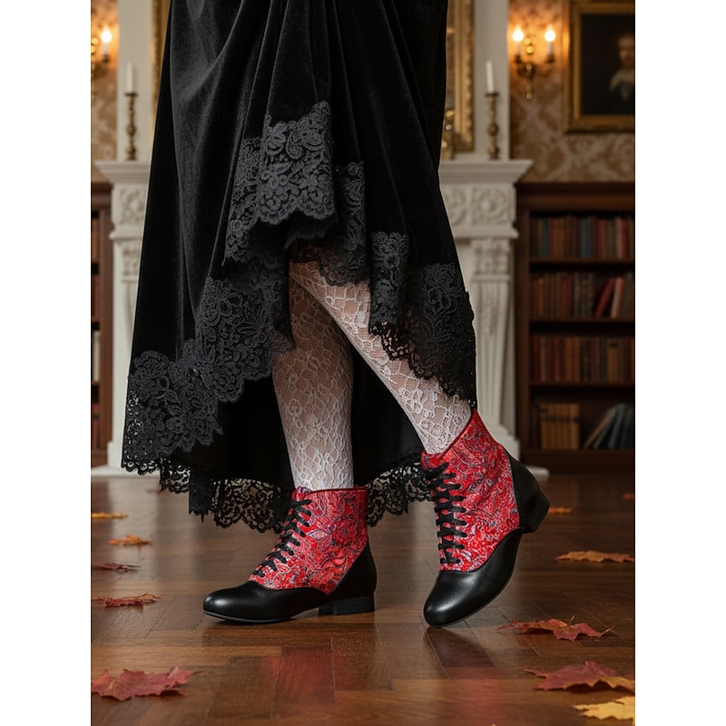 Women's 1920s Vintage Edwardian Lace-Up Ankle Boots – Red Floral Brocade and Black Faux Leather Dress Shoes for Gatsby Parties, Stage Performance and Retro Cosplay2