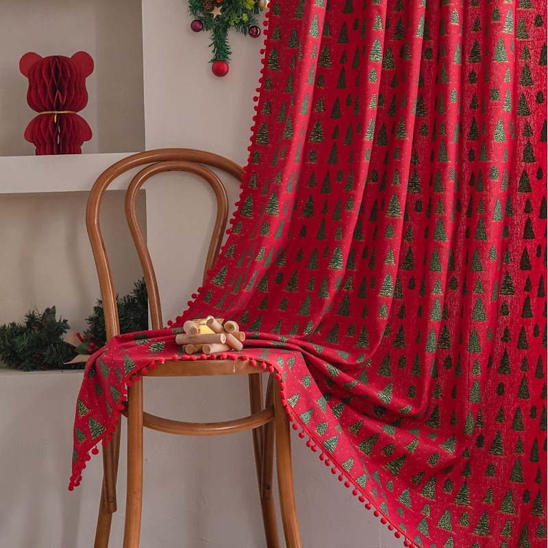 Red Christmas Window Curtain with Gold Foil Xmas Tree, Semi-Blackout Kitchen and Small Window Drapes, Balcony and Bay Window Decoration