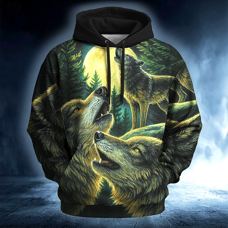 Men's Moon Wolf 3D Hoodie Sweatshirt Cool Party Crew Neck Club Streetwear Blue Green Drawstring Fall Winter Designer