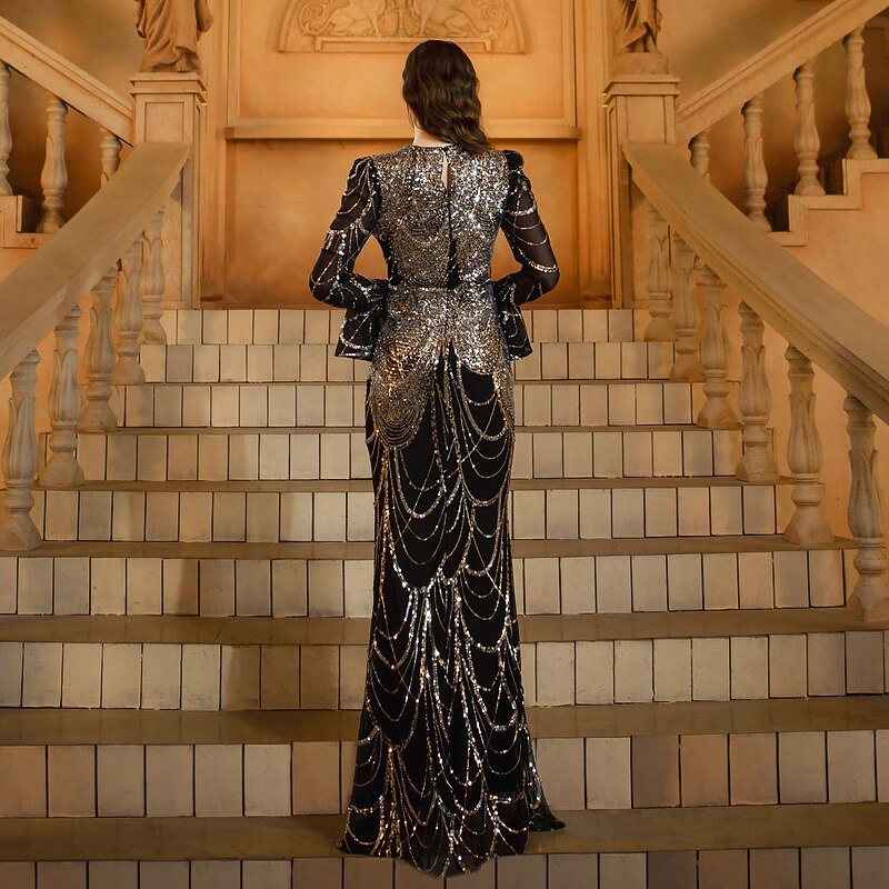 Mermaid / Trumpet Sheath / Column Evening Gown Elegant Formal Dress Formal Wedding Floor Length Long Sleeve Crew Neck Tulle with Ruched Sequin Slit 20253