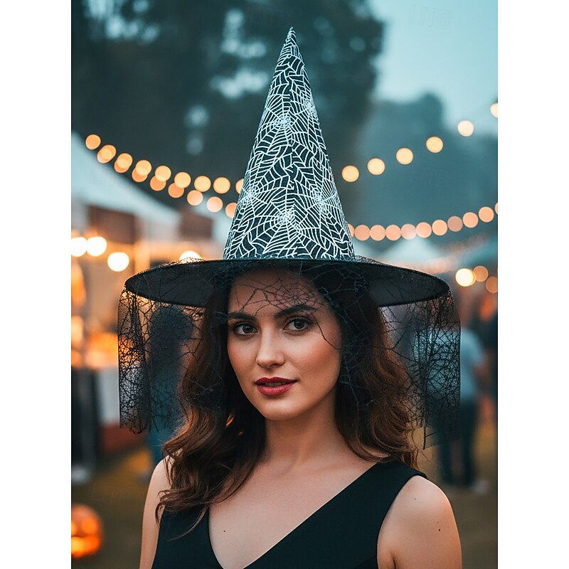 Women's Halloween Witch Hat with Spider Web Veil – Pointed Cosplay Costume Accessory in Multiple Colors for Party and Festival2