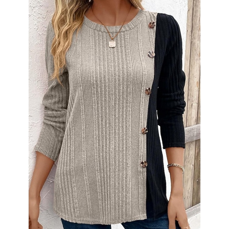 Women's Blouse Solid Color Stylish Casual Long Sleeve Crew Neck Regular Tops Daily Buttons Khaki Spring Fall Winter2