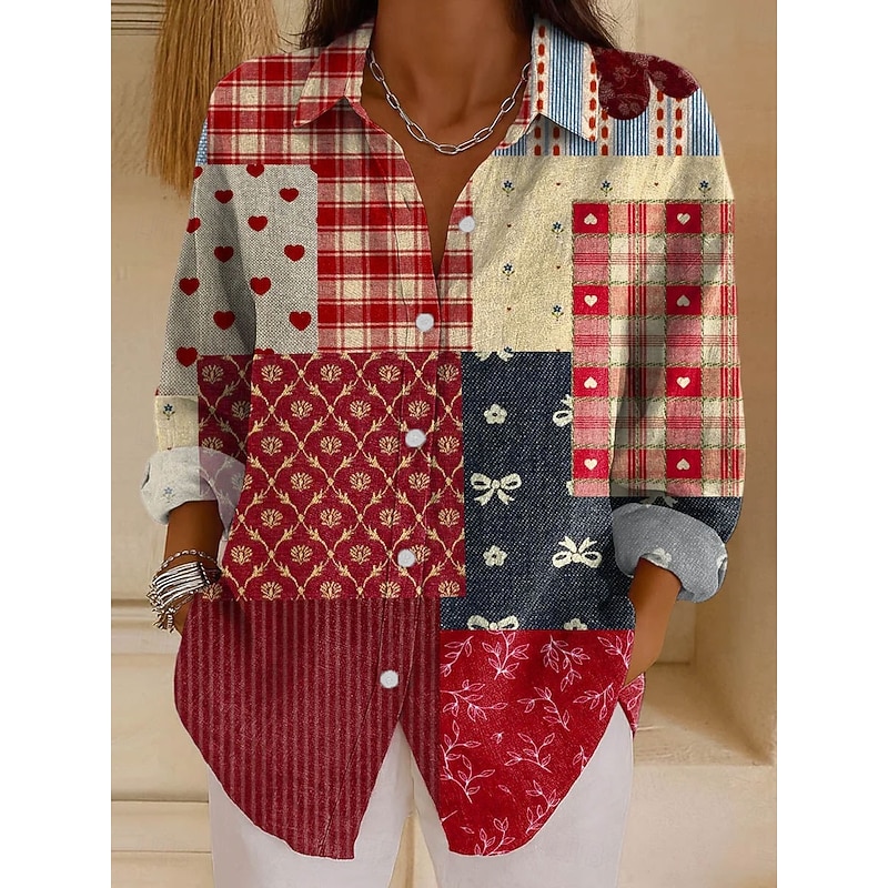 Women's Shirt Graphic Geometric Abstract Vintage Tropical Daily Long Sleeve Shirt Collar Regular Tops Daily Holiday Print Black Red Blue Purple Orange Spring Fall4