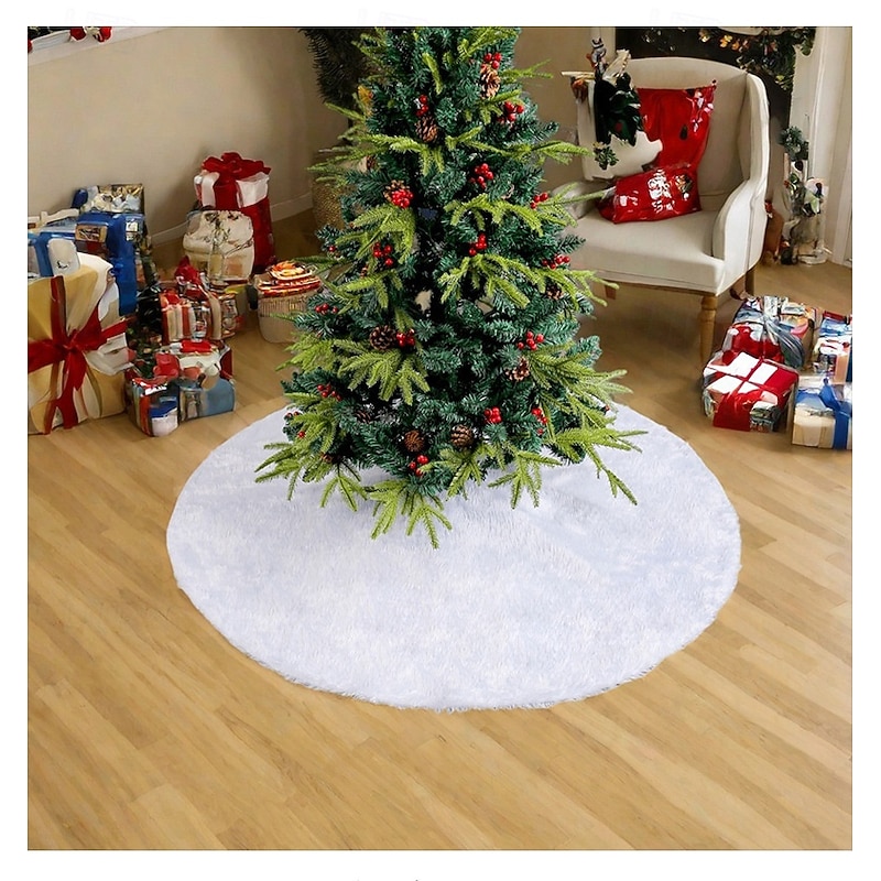 Christmas Tree Skirt White Plush Round Mat Soft Fluffy Carpet For Holiday Party Decoration Christmas Ornament Supplies Indoor Home Floor Decor Prop