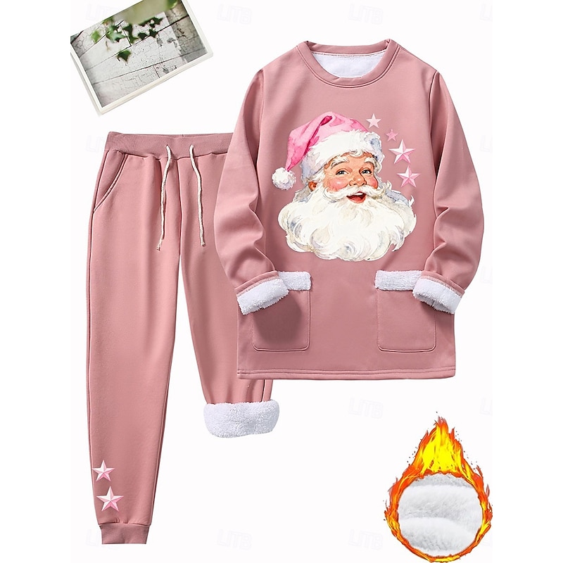 Women's Warm Daily Two Piece Sets Tracksuit Pants Sets Long Sleeve Crew Neck Ugly Christmas Drawstring Print Casual Daily Black Dark Pink Blue Fall Regular Fit