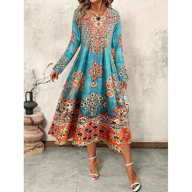 Women's Maxi Dress A Line Dress Fit And Flare Dress Vacation Casual Boho Party Daily Going out Regular Fit Graphic Tribal Long Sleeve Crew Neck Green Spring Fall Winter