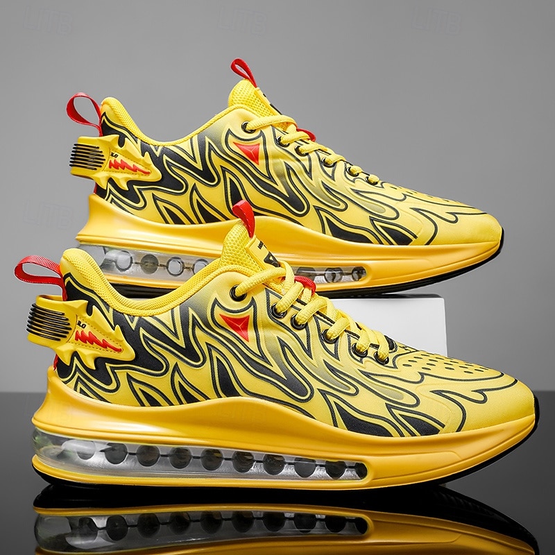 Men's Yellow Flame Print Air Cushion Sneakers, Fashion Streetwear Running Shoes for Sports, Fitness and Casual Party Style2